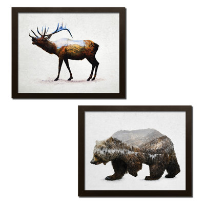«Rustic Double Exposure Buck and Bear Landscape», ensemble de 2 impressions encadrées