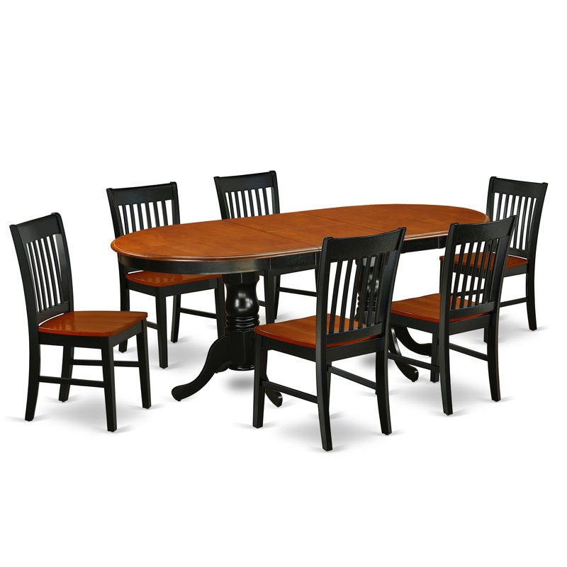 Ensemble de table de salle à manger 7 pièces composé d'une table de salle à manger ovale avec rallonge papillon et 6 chaises en bois, noir et cerise