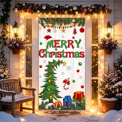 Christmas Door Tapestry Xmas Front Door Hanging Decor Holiday Party Cloth Door Curtain for Home Front Door Bedroom Wall Indoor Xmas Christmas Decor Gifts