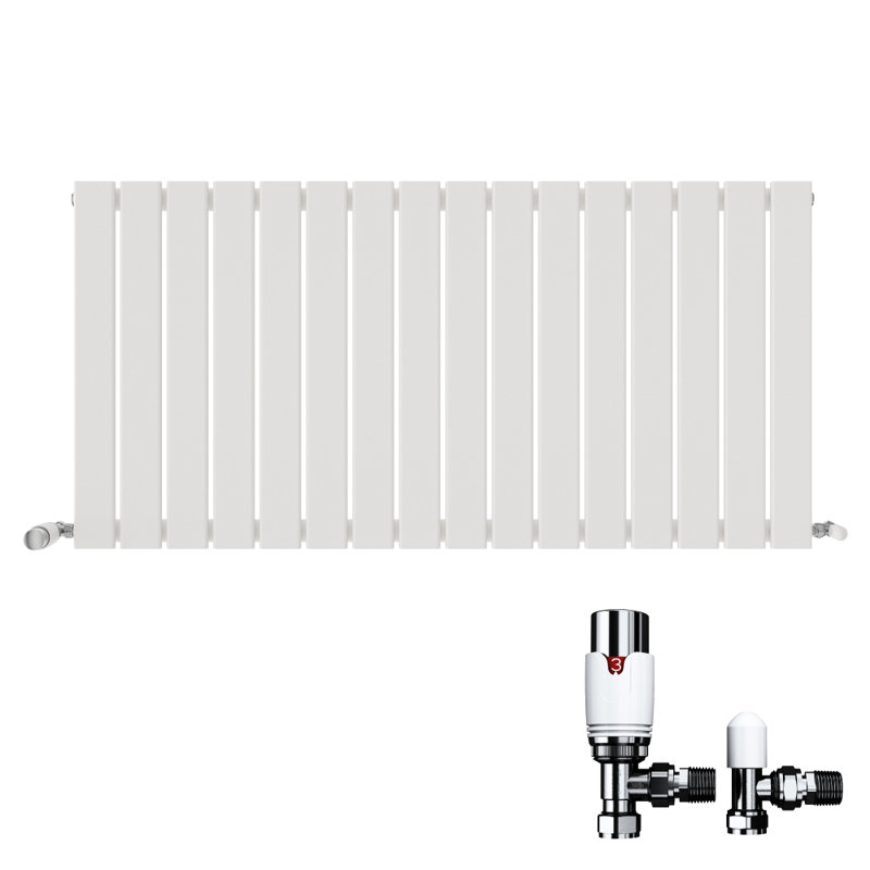 iBathUK Belgravia Horizontal Single Slim Flat Panel Radiator Angled Valve, White, 600cm H x 1216cm W x 52cm D