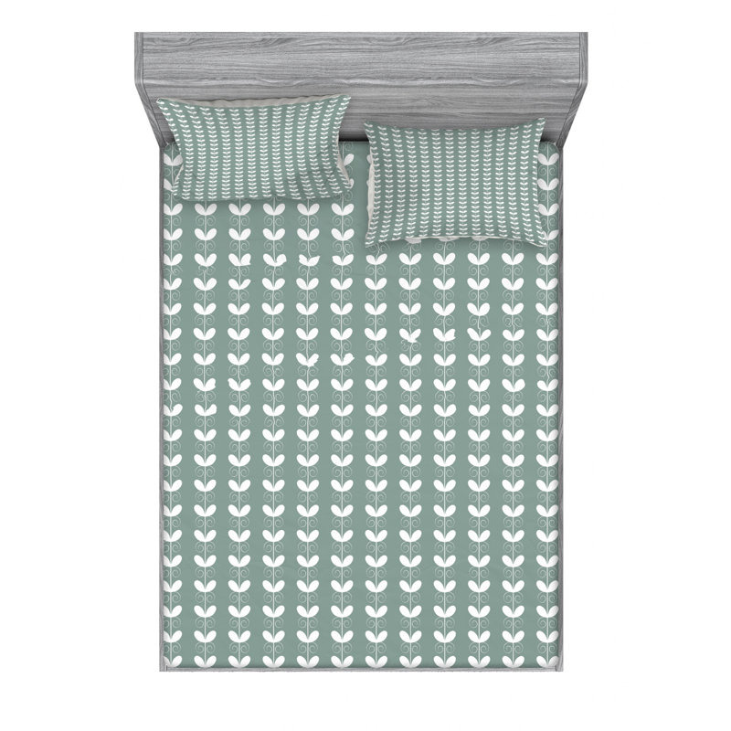 Ensemble de draps rétro à texture française, Ensemble de drap pour grand lit avec drap-housse, Motif floral vert