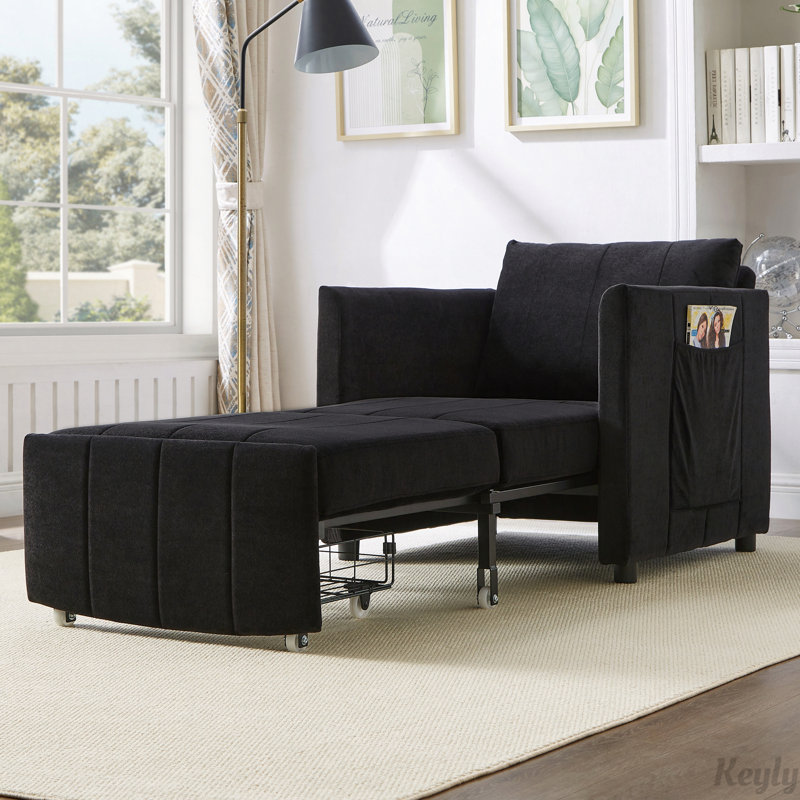 Upholstered Convertible Fold Out Chair Bed with 5-Position Adjustable Backrest, Side Pockets and a Storage Basket, Black