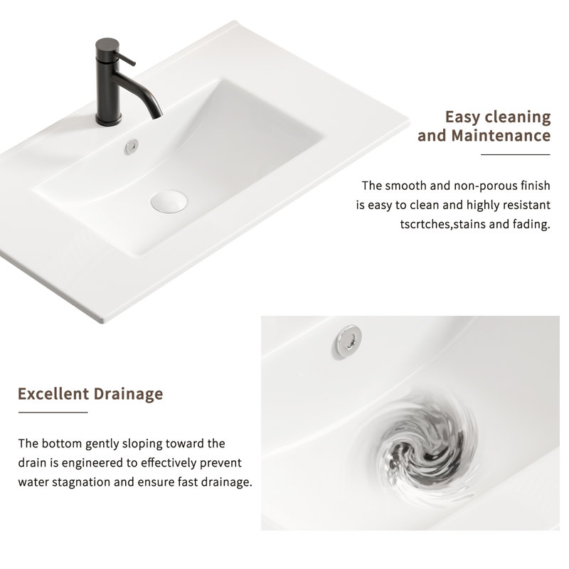 36 Inch Ceramic Bathroom Vessel Sink Top With Overflow - Glossy White | Gift Idea