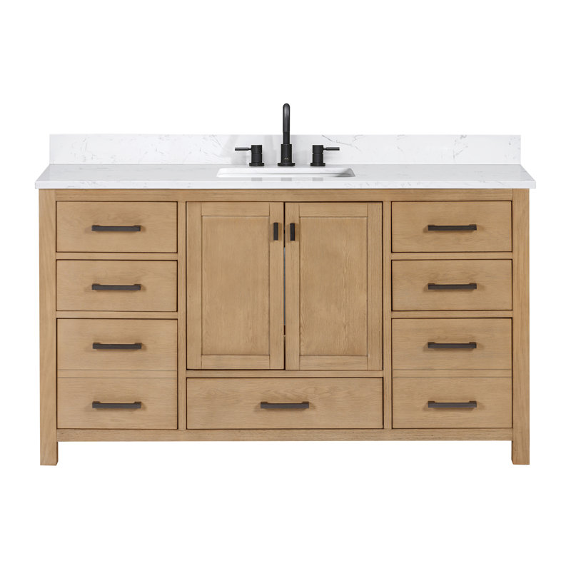 Meuble-lavabo simple 60 po avec plateau Souther, Marbre blanc de Cala, Chêne brossé, Noir