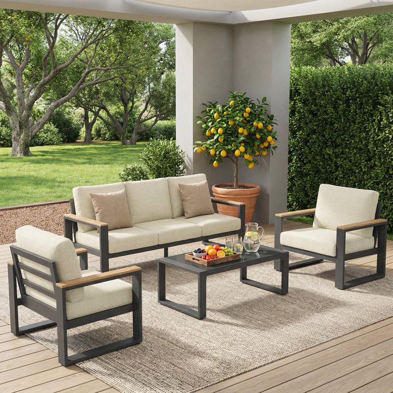 All Aluminum Outdoor Furniture Set for all Weather, 5-Person Patio Furniture Set with Wood Armrest for Skin-friendly Touch, 4-Piece Outdoor Patio Set with Removable Cushion