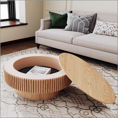 Round Coffee Table With Storage, Solid Wood Veneer, Modern Accent For Living Room, Bedroom, Apartment Or Office