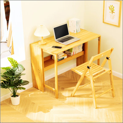Bamboo Folding Desk, Space-Saving Computer Desk For Small Spaces, Foldable Study Table For Bedroom, Home Office, Dorm, Apartment, Natural Color
