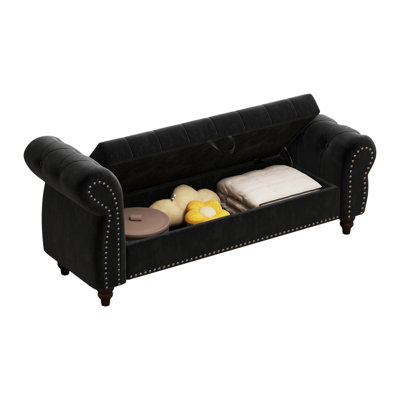64.5" Bed Bench For Bed Room Nails Tufted Chaise Of Lounge With Storage Velvet Upholstery Black