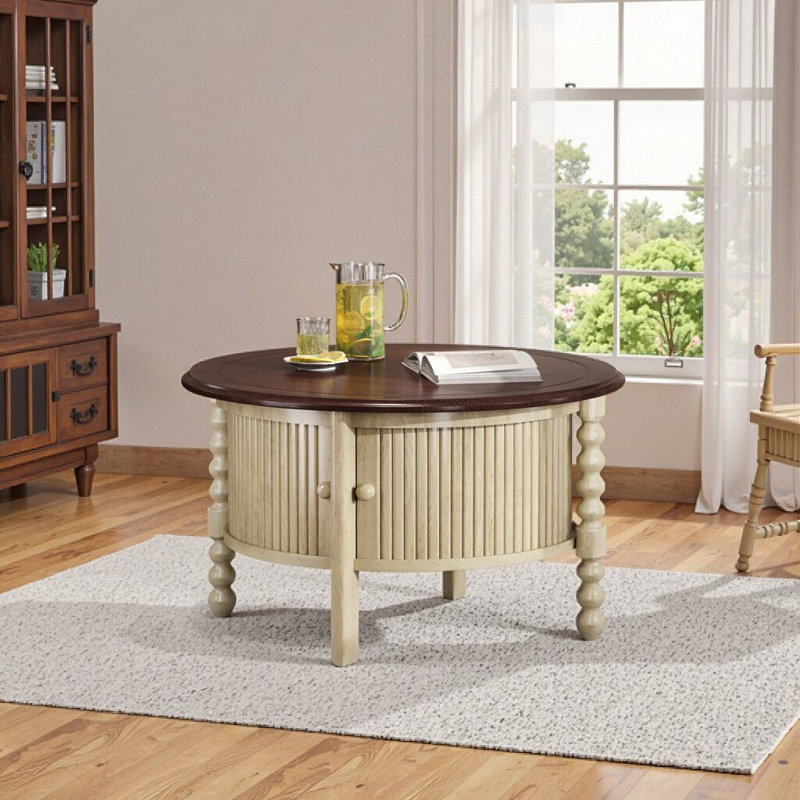 Vintage 30.3 Inch Round Coffee Table with Hidden Storage, Mid-Century Modern Design for Small Spaces, Beige & Espresso