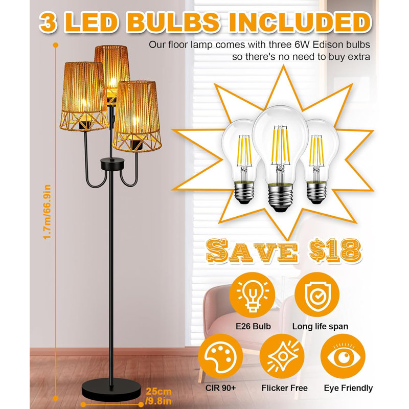 Rattan Boho Floor Lamp With 3 Edison Bulbs, Rotary & Foot Switch, Farmhouse Style Standing Lamp For Living Room, Bedroom, Rustic Or Bohemian Decor