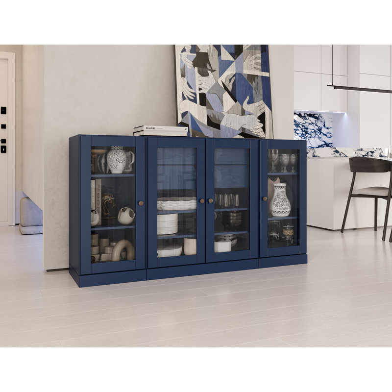 100% Solid Wood 65" Sideboard with Clear Glass Doors, 2-Drawers and Adjustable Shelves, Navy Blue