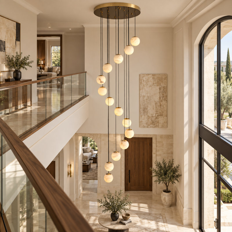 Lustre d'escalier en albâtre à 14 lumières, Doré