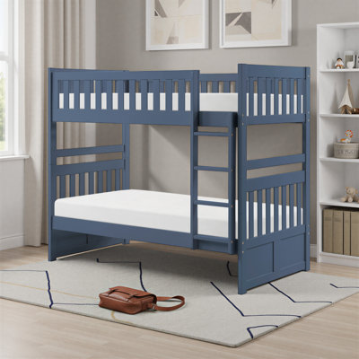 Geiser Transitional UV-Finished Wood Twin over Twin Bunk Bed with Protective Guard Rails, Integrated Ladder & Reinforced Supportive Slats