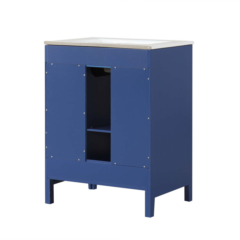 Meuble-lavabo 24 po avec lavabo, meuble-lavabo avec deux tiroirs et porte, tablette réglable, bois massif et panneau de fibres à densité moyenne