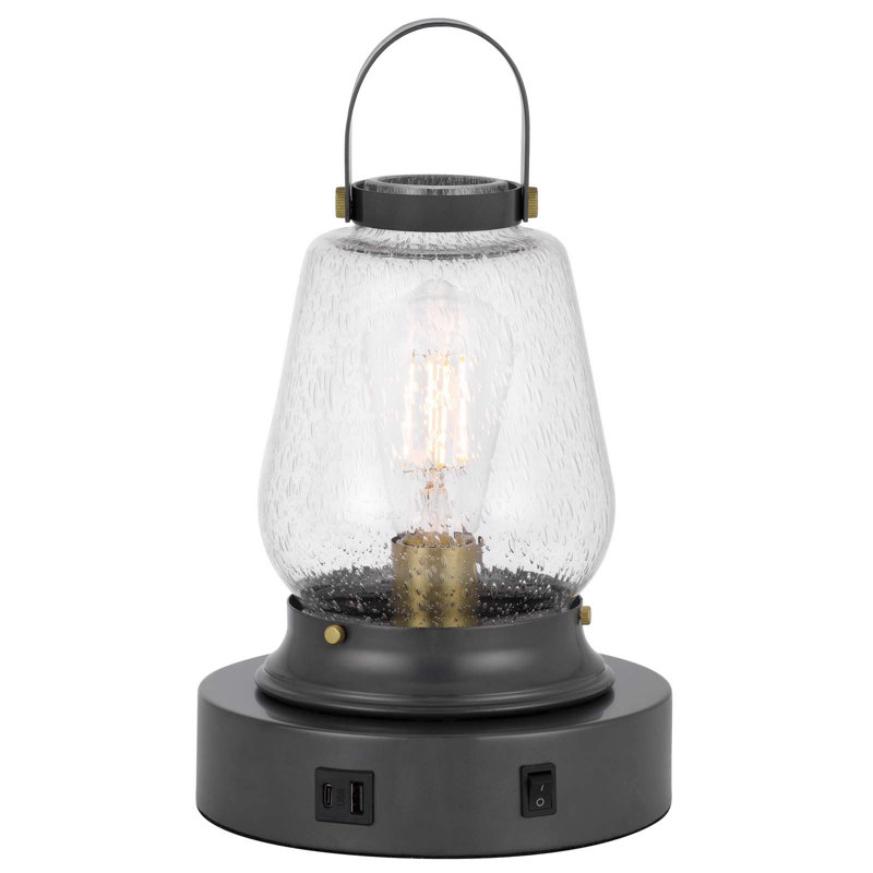 Lampe de table Terni Accent - 33 cm (13 po) de hauteur, métal bronze foncé, verre bullé transparent, 60 W, culot E26, interrupteur marche/arrêt, 1 port USB et 1 port USB-C, style lanterne