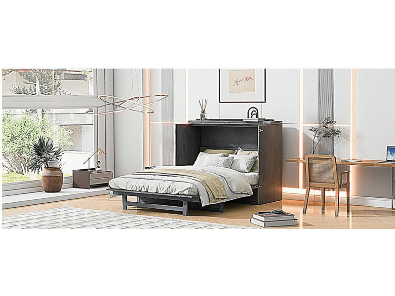 Lit escamotable double avec grand tiroir et port USB, gris mat, Gris, Double