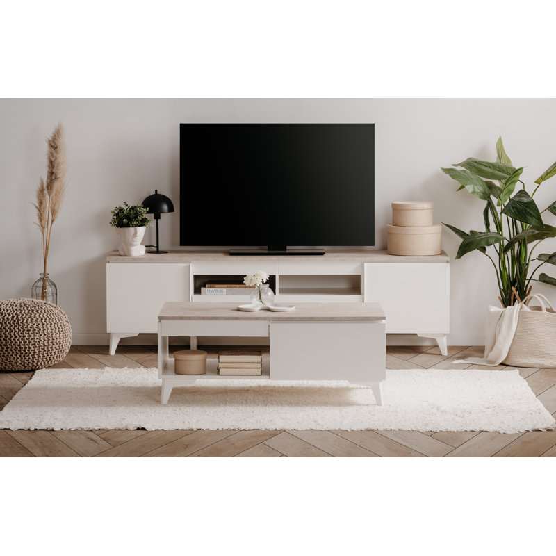 Churubusco Four Leg Coffee Table with Storage, White, Sandstone