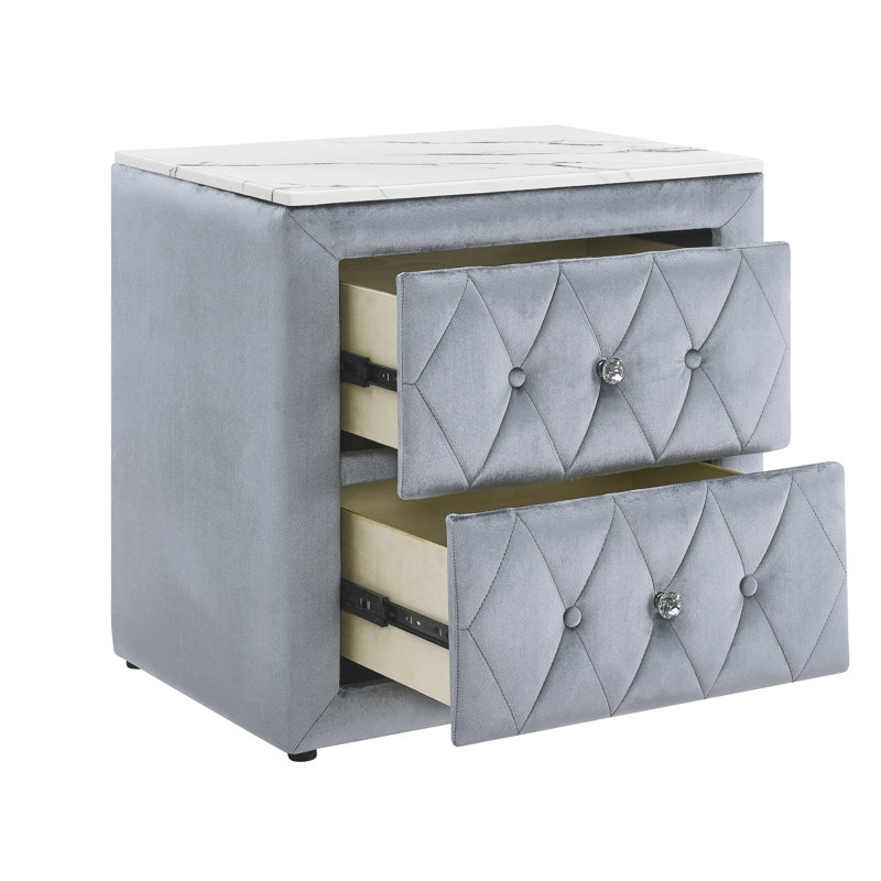 Table de chevet grise au design moderne avec plateau en faux marbre, deux tiroirs, tissu à boutons et éléments en cristal, gris, rangement