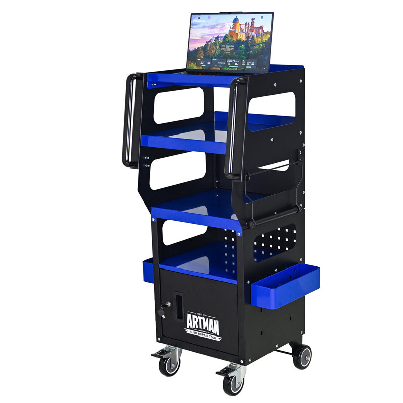 Chariot de diagnostic multifonctionnel à 4 niveaux avec chariot pivotant à 360 ° et verrouillable - bleu et noir, Noir + bleu