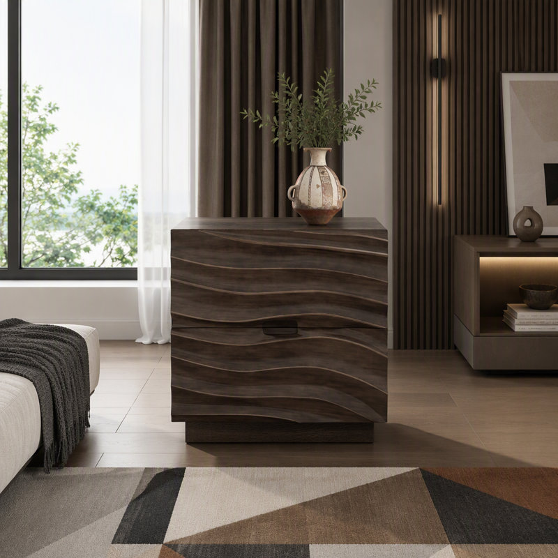Table de chevet en bois massif avec 2 tiroirs, table de chevet sans poignée pour la chambre à coucher ou le salon, Brun