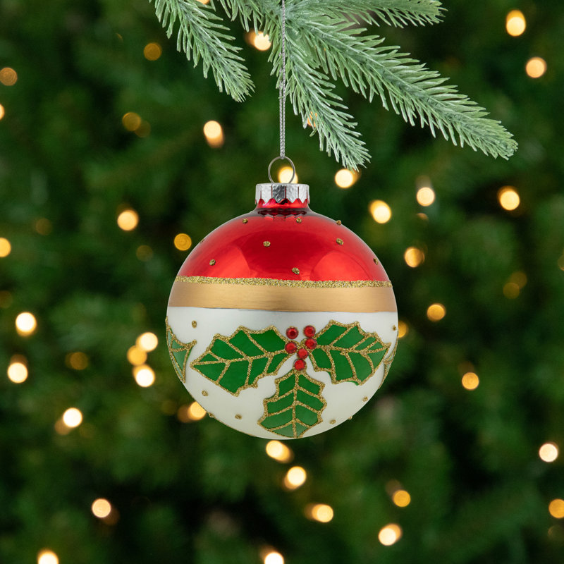 Set of 2 Red and White Glass Holly Christmas Ornaments