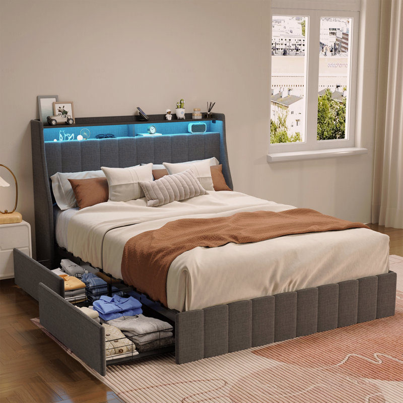 Bed Frame with LED, Wings Headboard Design, Dark Gray, Queen