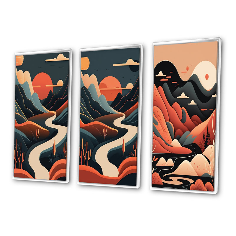 «Pine Tree In Graphic Terra Cotta Mountain Landscape», 3 pièces sur toile, Cadre flottant blanc, H 32 po x l 48 po