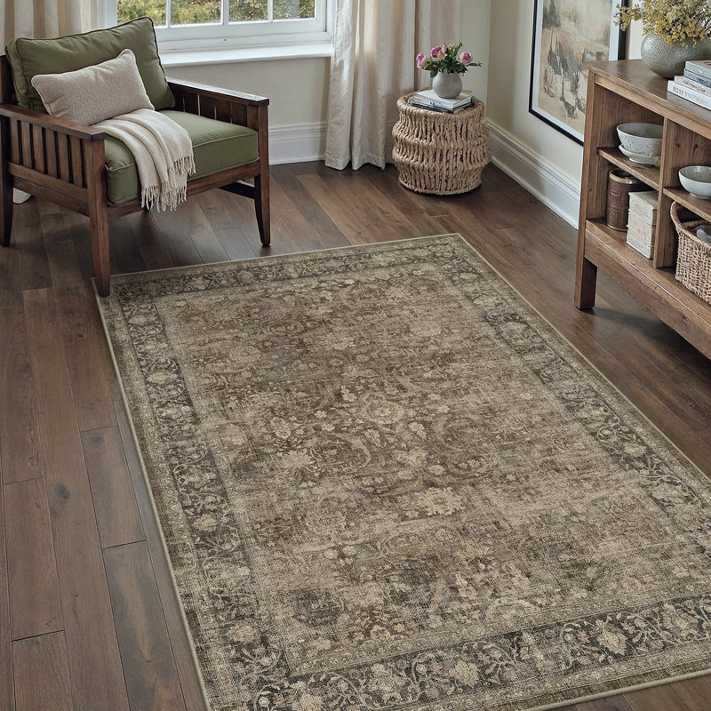 Bremerton Vintage Washable Brown Area Rug With Non-Slip Backing, Rectangle 9' x 12', Brown