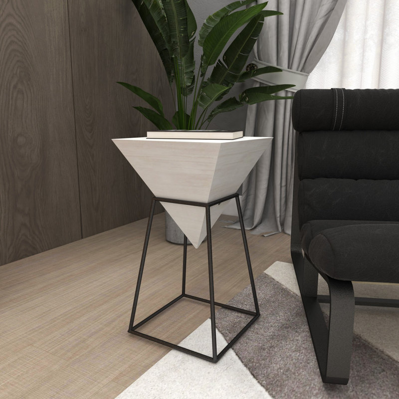 White Wood Inverted Geometric Accent Table with Black Metal Stand