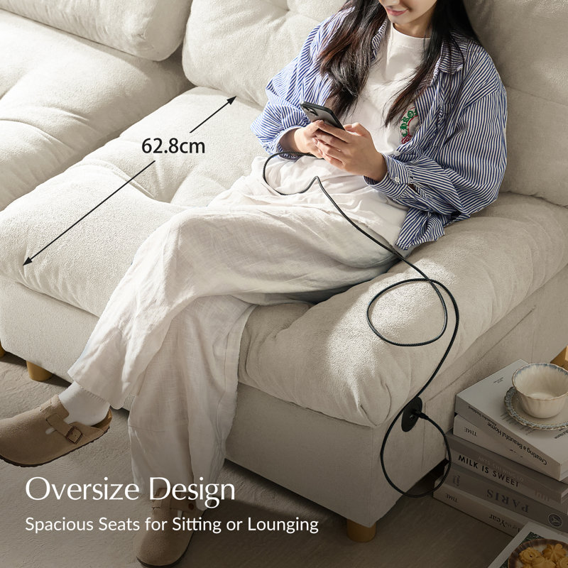 Basilio 2 Seater Upholstered Sofa with USB Type-C Ports and Storage Pockets, Beige