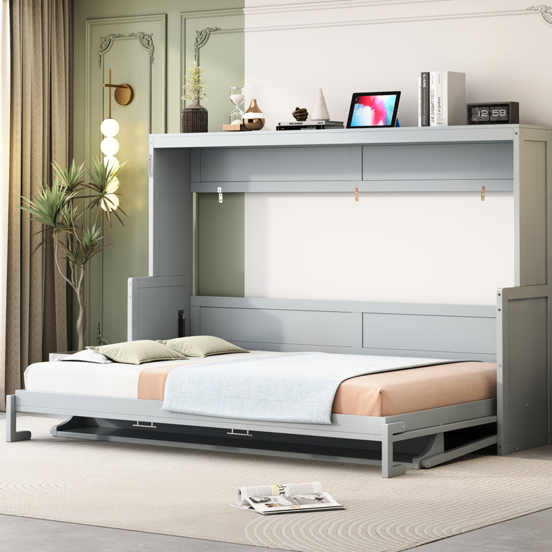 Grand lit gris avec charnières de bureau hydrauliques et peu encombrant, pour petites pièces, structure, option de rangement pour matelas, lève-personne de 10 pouces compatible, rangement, espaces multifonctionnels appropriés, 600 lb