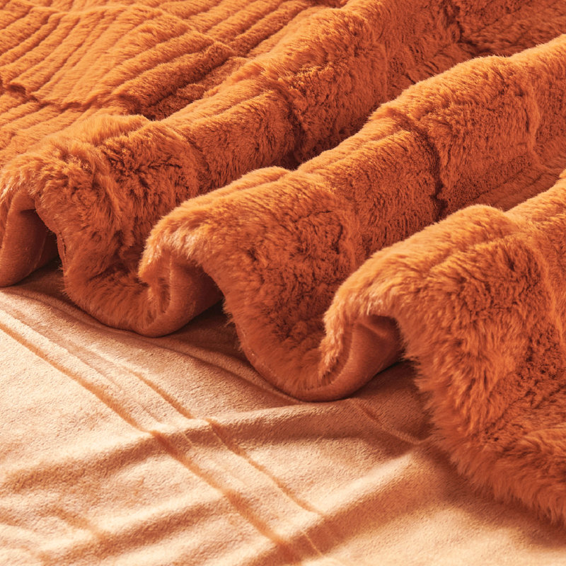 Sculpted Stripe Faux Fur Throw, Burnt Orange