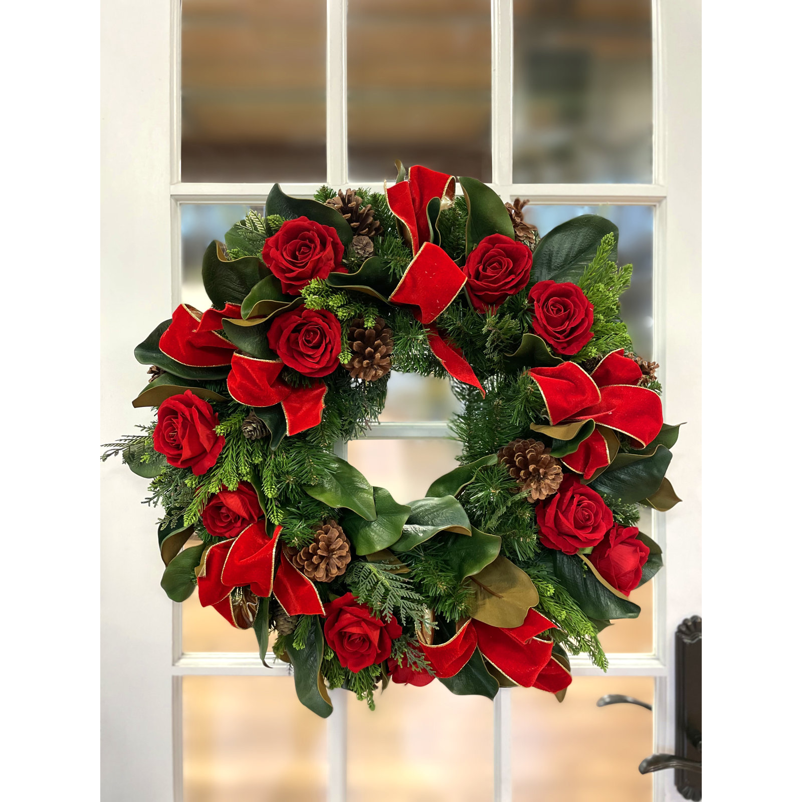26'' Holiday Evergreen Wreath Arranged with Roses and Bows