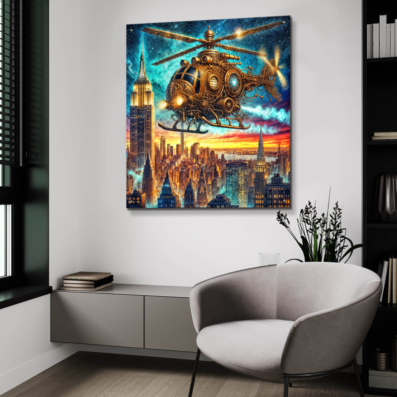  «Steampunk Helicopters Over New York» par Rey Klimt, art mural en verre acrylique, 36 po x 36 po