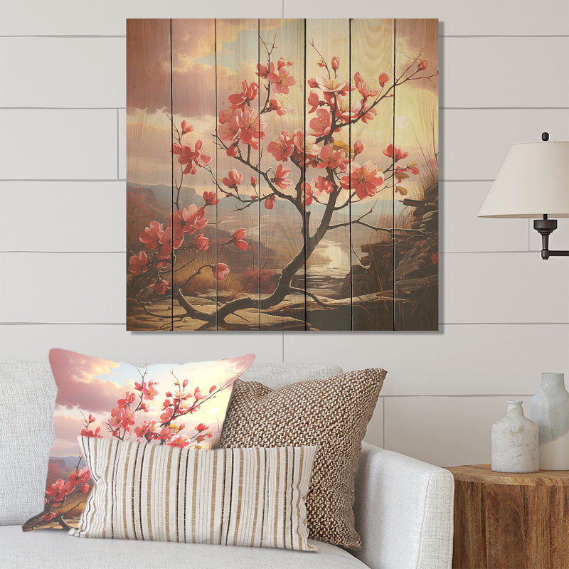 Cliffside Apple Blossom Blooms - Plants & Flowers On Wood Print, 30" H x 30" W