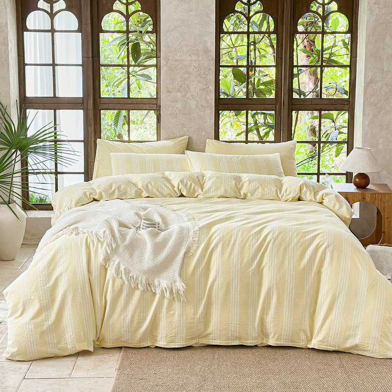 DONEUS Striped Duvet Cover Set 100% Washed Cotton Linen Like Soft Feelling 3 Pieces Bedding Set, Light Yellow/White