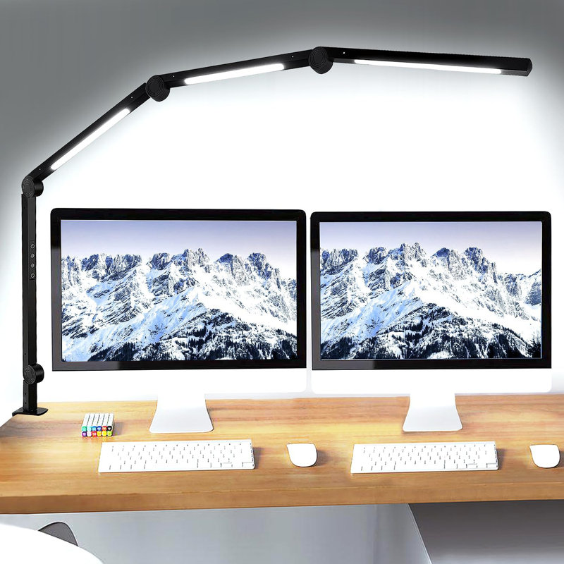 LED Desk Lamp with Clamp Flexible 4 sections Swing Arm Three light sources desk light, 4 Colour Modes & 5 Brightness, Eye Caring Led table light with Memory Function for table lamps for office