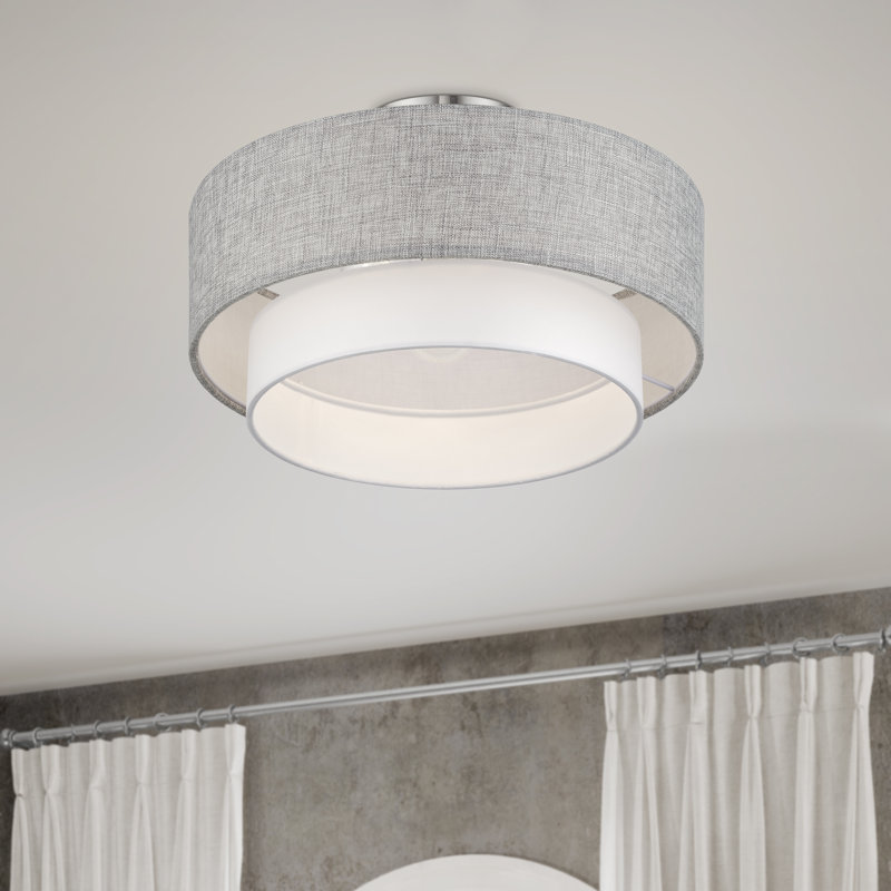 Grand semi-encastré 3 lumières en nickel brossé avec abat-jour en tissu gris et blanc fabriqués à la main