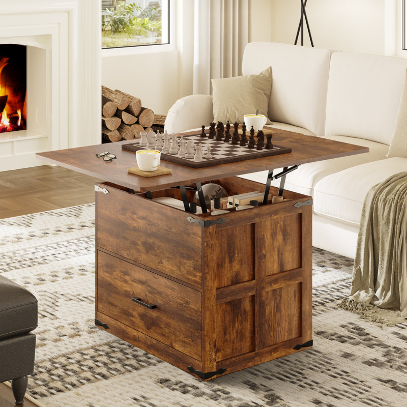 Wynny Farmhourse Wood Square Coffee Table, Lift Top Coffee Table with 4-in-1 Storage, Rustic Brown
