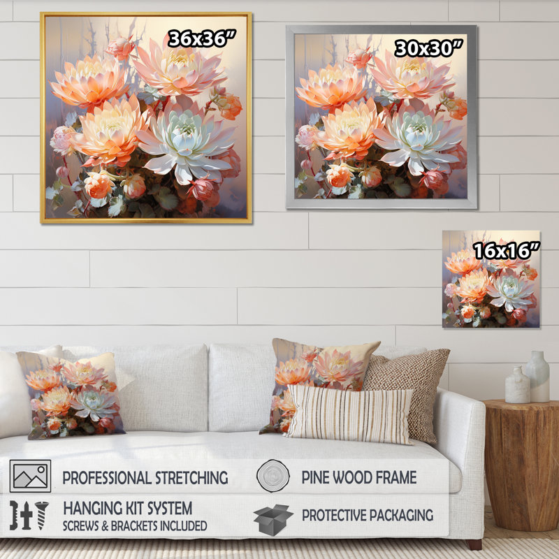Impression blanc succulent romantique blanc - rose, H 36 po x l 36 po x P 1,5 po, Toile tendue