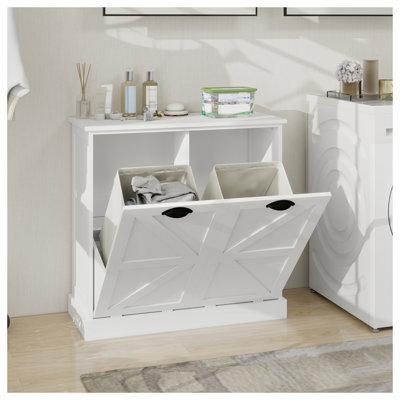 Armoire de trieur de lessive à deux compartiments inclinable - Rangement de buanderie en panneau de fibres à densité moyenne blanc avec sacs amovibles, organisateur de lessive peu encombrant