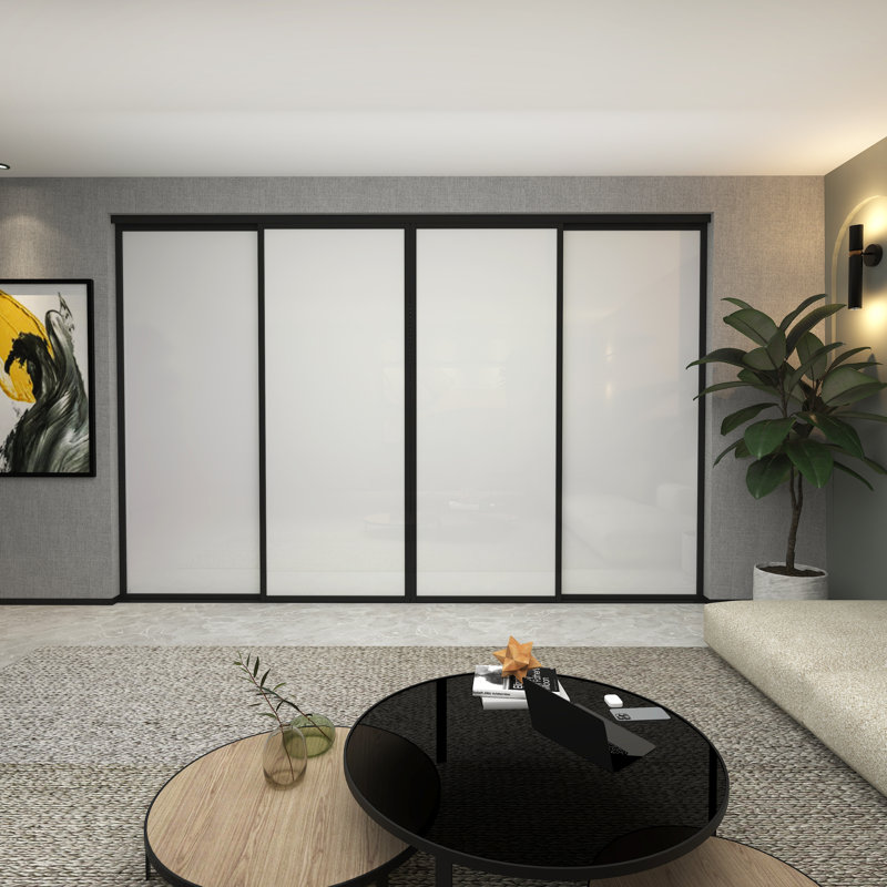 Armoire coulissante 4 panneaux en verre givré - Structure en aluminium avec technologie Silent Glide, Givré / noir