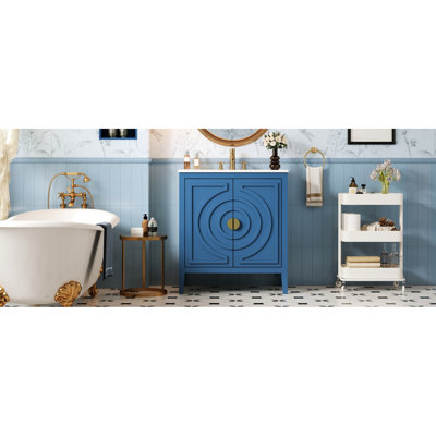 Rangement de salle de bain, armoire de style Mid-Century de 30 po avec lavabo, portes à fermeture douce, tiroir divisé, organisateur de porte, tablette réglable, poignées rondes rétro, finition bleu rétro, meuble-lavabo de 30 po, 2 grandes 1