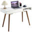 Mid-Century Modern Writing Desk – 42 Inch Sturdy Wood Computer Table with Drawer & Open Storage – Compact Home Office or Bedroom Study Desk – White Finish with Walnut Accents