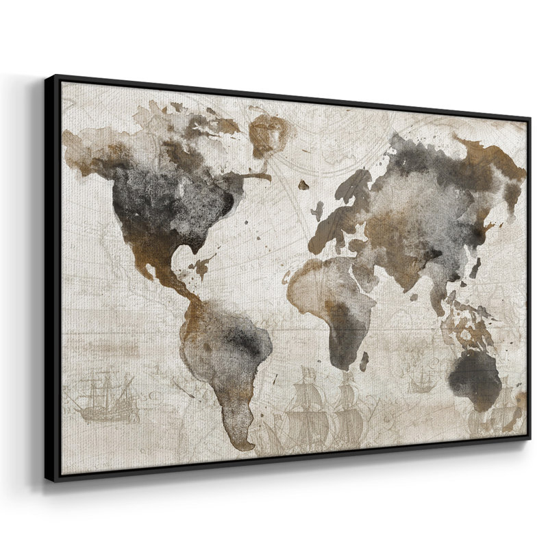 Carte antique encadrée sur toile, Noir, H 25 po x l 37 po x P 2 po