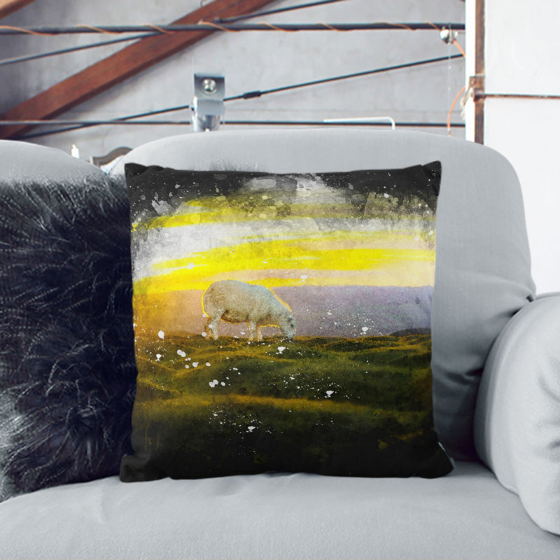 Grazing Sheep at Sunset Paint Splash Cushion with Filling, 55cm H x 55cm W x 20cm D, White