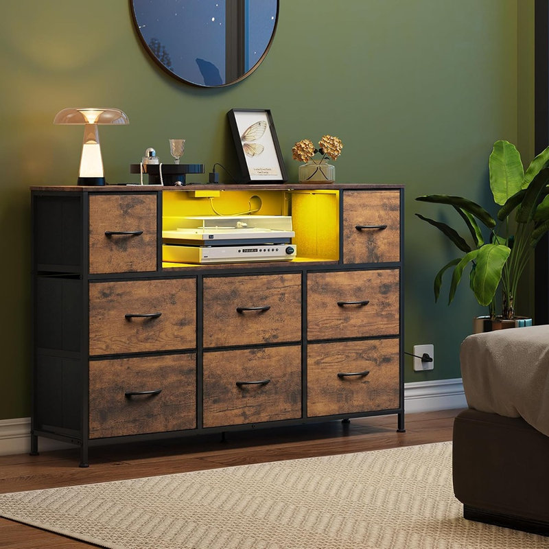 Meuble télé à DEL avec 8 tiroirs de rangement, centre de divertissement moderne et console multimédia avec éclairage d'ambiance, brun rustique