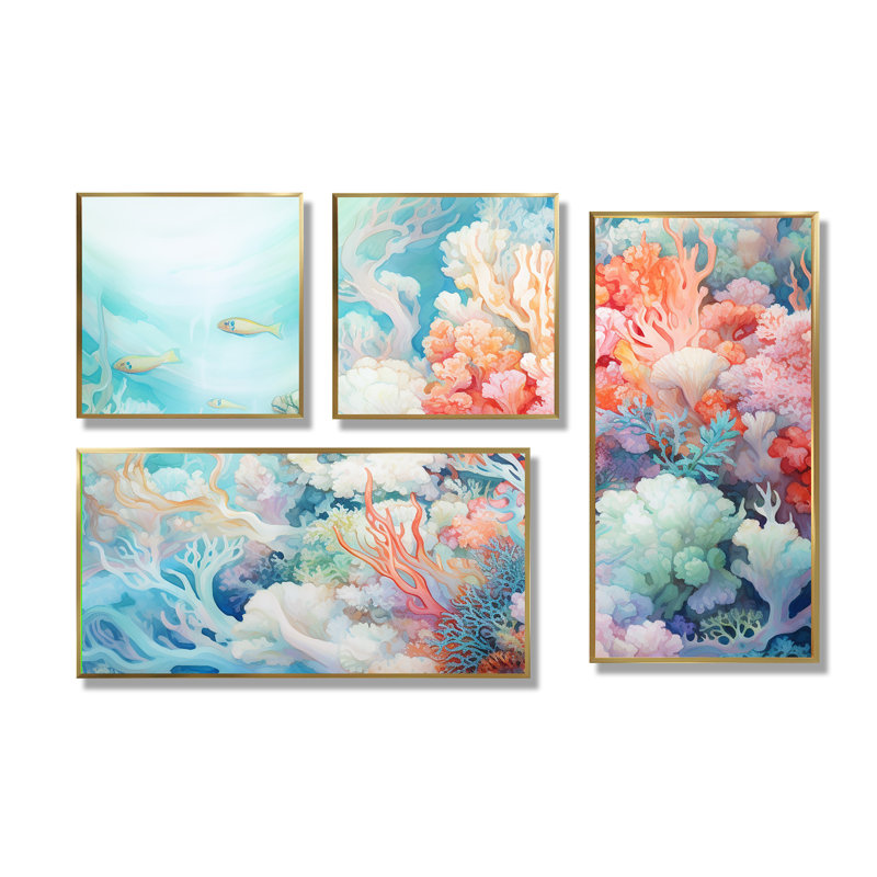 Underwater Coral Symphony Ii I - Art mural en toile rose, 4 pièces, Impression encadrée sans passe-partout, Doré
