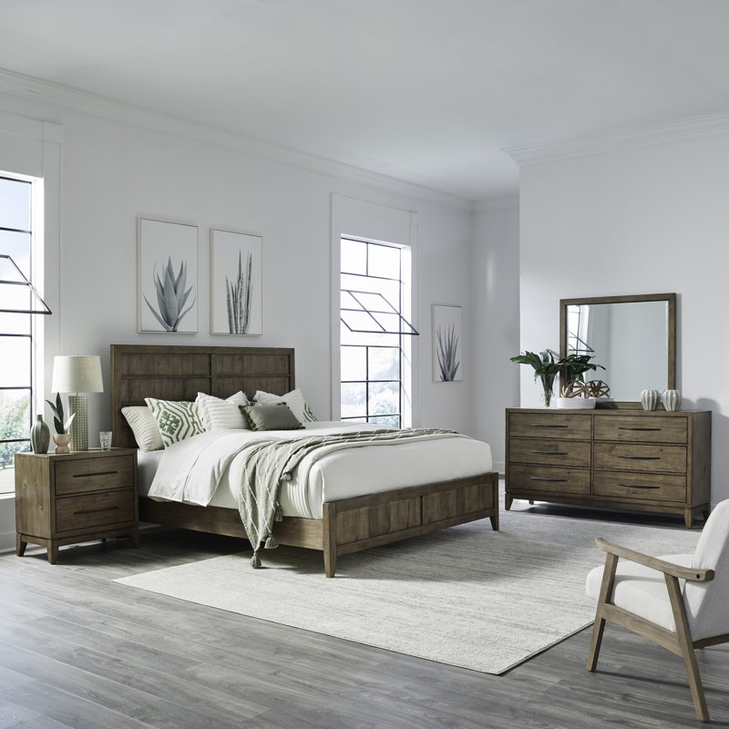 Hinkle Queen Panel Bed, Dresser & Mirror, Nightstand Bedroom Set, 4 Pcs: Bed, Nighstand, Dresser, Mirror, Queen