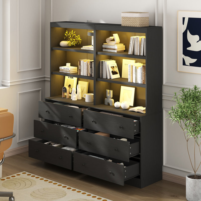 71"H X 47.2"W Book Cabinet Storage Bookcase with USB & Type-C Charging Ports and LED Lights (2A), Black